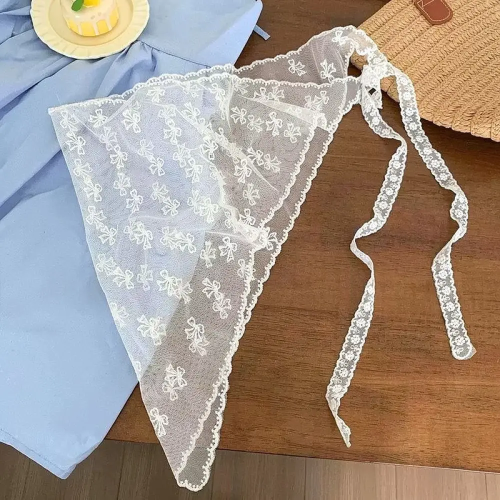 Korean Aesthetic Lace Ribbon Scarf Women Elegant Floral Headband Soft Neck Kerchief Chic Waist Belt Fashion Hair Accessory