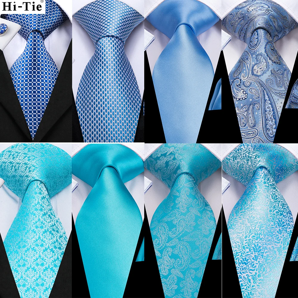 Hi-Tie Light Blue Sold Gift Silk Wedding Tie For Men Handkerchief Cufflink Nicktie Set Fashion Design Business Party Dropship