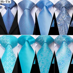 Hi-Tie Light Blue Sold Gift Silk Wedding Tie For Men Handkerchief Cufflink Nicktie Set Fashion Design Business Party Dropship