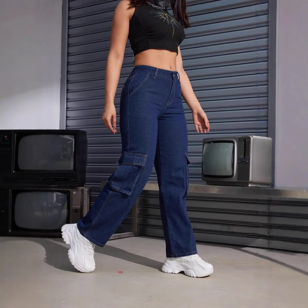 New Street Fashion American High-waisted Work Jeans.Women's Four-season New Fashion Flip Cover  Pocket Design Straight Leg Jeans