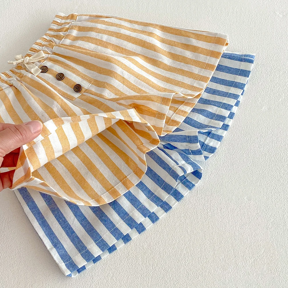 Sommerliche klassische Shorts für Jungen, gestreifte Shorts, elastische Taille, lässige Knöpfe, Taschen, kurze Babyhosen für Kleinkinder, Jungenkleidung – Detail 12