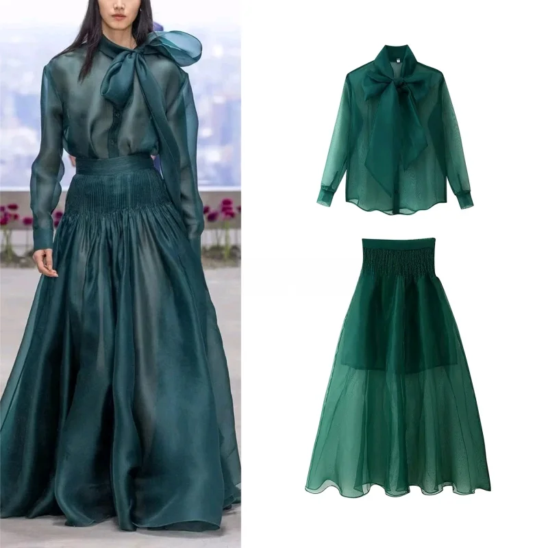 ชุดเซ็ตแฟชั่นผู้หญิงมาใหม่รับซัมเมอร์ พร้อมกระโปรงแต่งโบว์และกระโปรงยาวทรงเอเอวสูงสไตล์ลำลอง