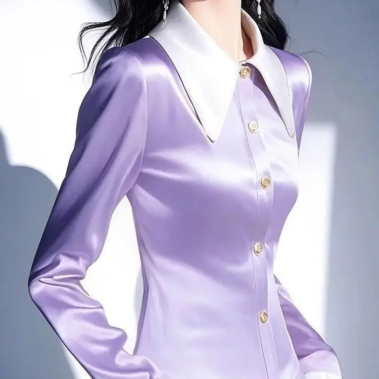 Autumn Winter Women's Sweet Spicy Purple Silk Shirt Long Sleeve Turn-down Collar Waist-cinching Design Commute Ready Top