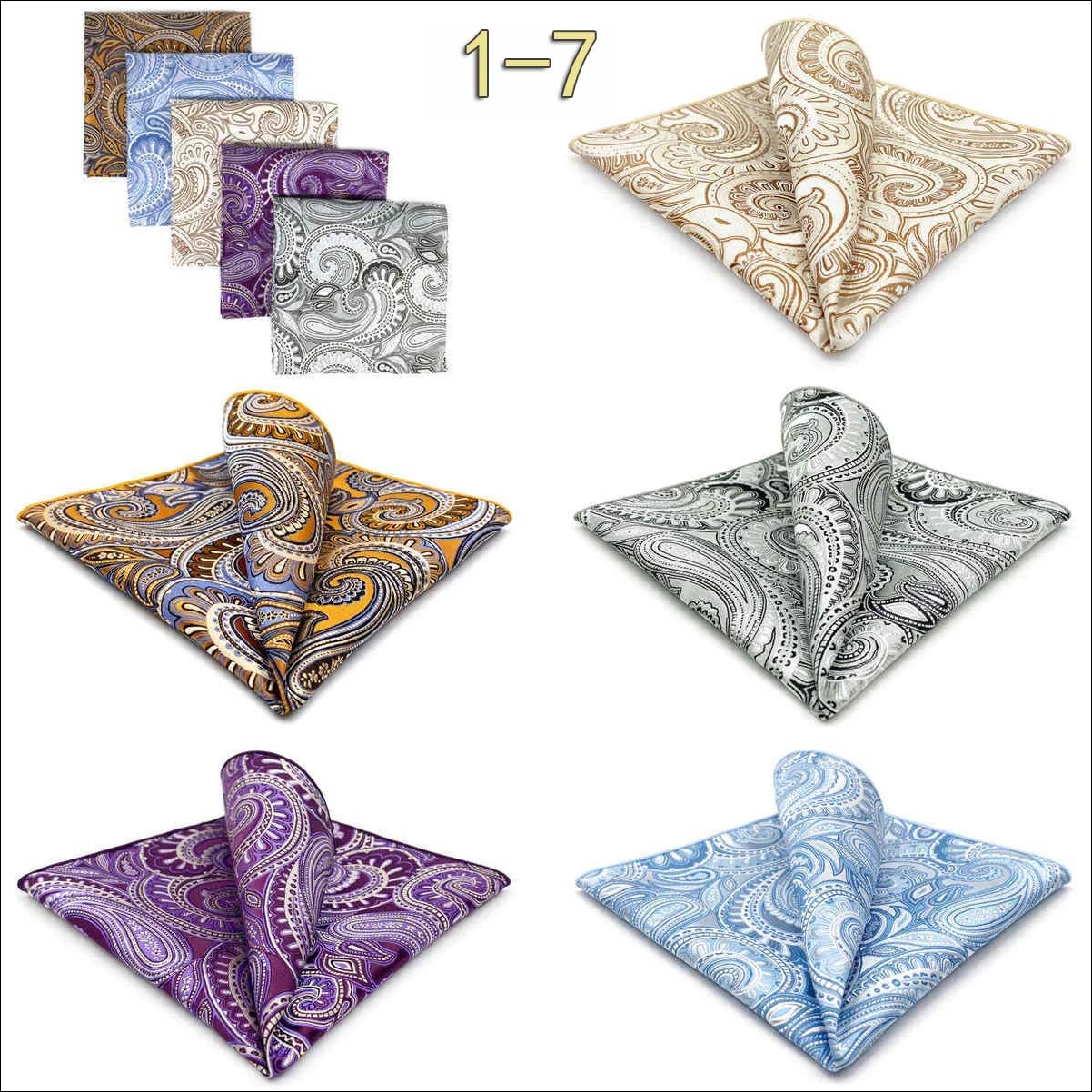 5 PCS Luxury Mens Pocket Square Set Handkerchief Assorted Paisley Floral Print Striped Hanky Suit Gentlemen Wedding Gift Vintage