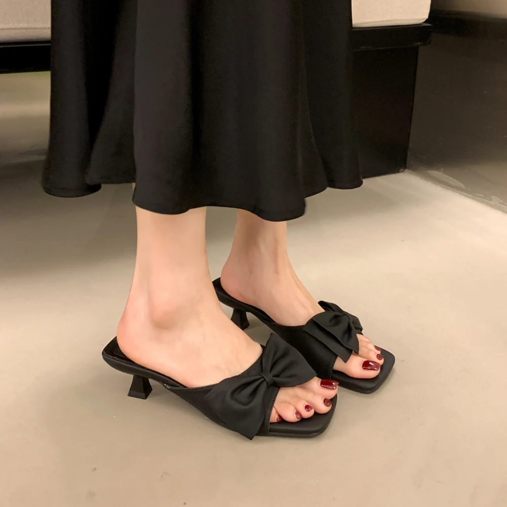 Bow knot Heels Slippers Women Summer Vintage Elegant Low Heel Slip On Sandals For Women 2024 Fashion Silver Black Dress Shoes
