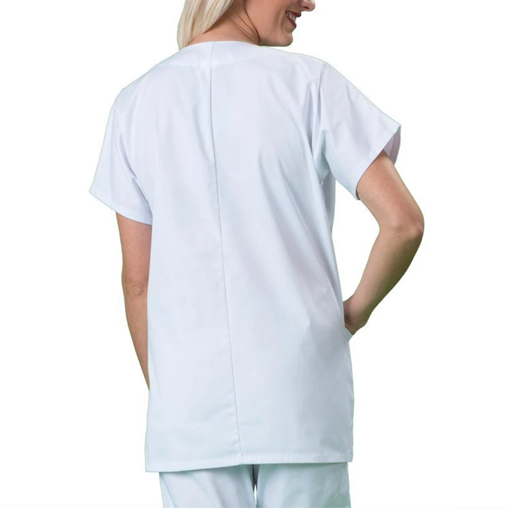 Hospital Uniform T-Shirt Tops Women's Men's Collarless Plain White Short Sleeve Dress Lab Coat Overalls T-Shirt Clothing