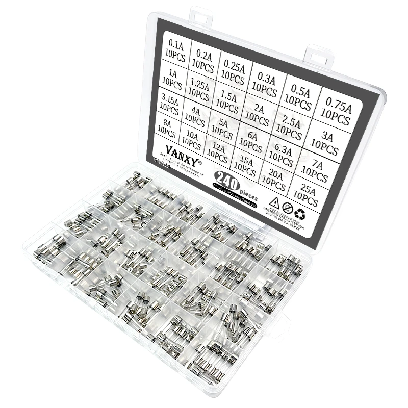 24 values kit 5x20 Glass fuse 0.1A~25A 5*20 0.2A 0.25A 0.3A 1A 1.25A 2A 2.5A 3A 3.15A 4A 5A 6A 6.3A 8A 10A 12A 15A