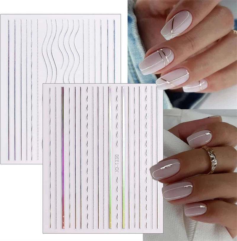 12 Sheets Line Nail Art Stickers 3D Aurora Nail Sticker Holographic Silver Stripe Nail Decals Wave Lines French Style Decoration