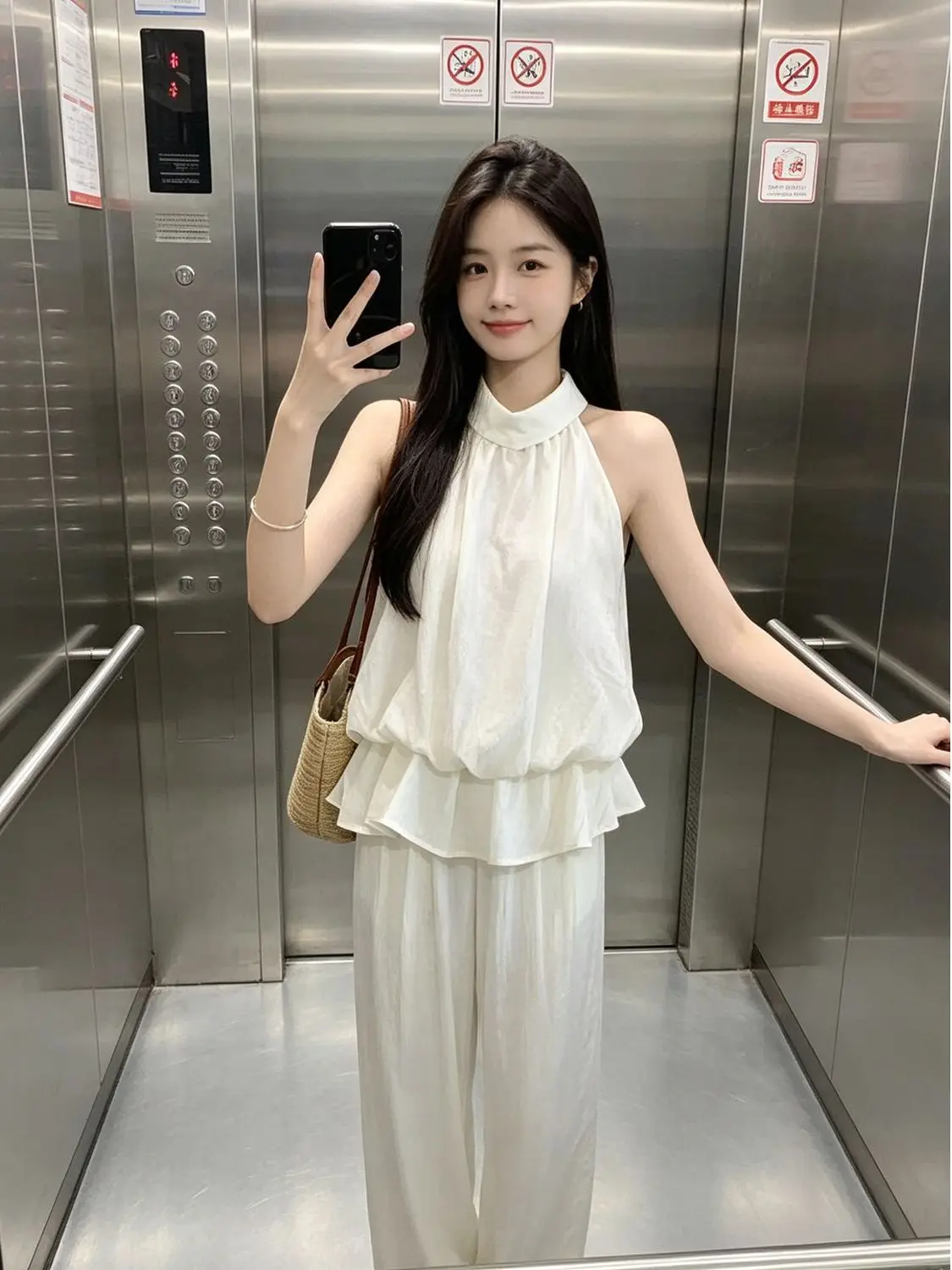 Elegant Summer Outfit Set Women's Stylish Sleeveless Neck Hanging Vest Top Light Tawny Color Commute Style Slim Fit Chinese P...