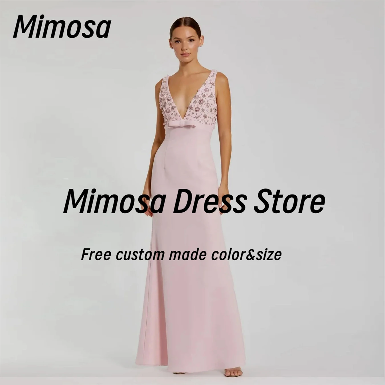 

Mimosa Light Pink Prom Dresses with Bow V Neck Beaded Bespoke Occasion Dress Backless Evening Party Gowns Customized