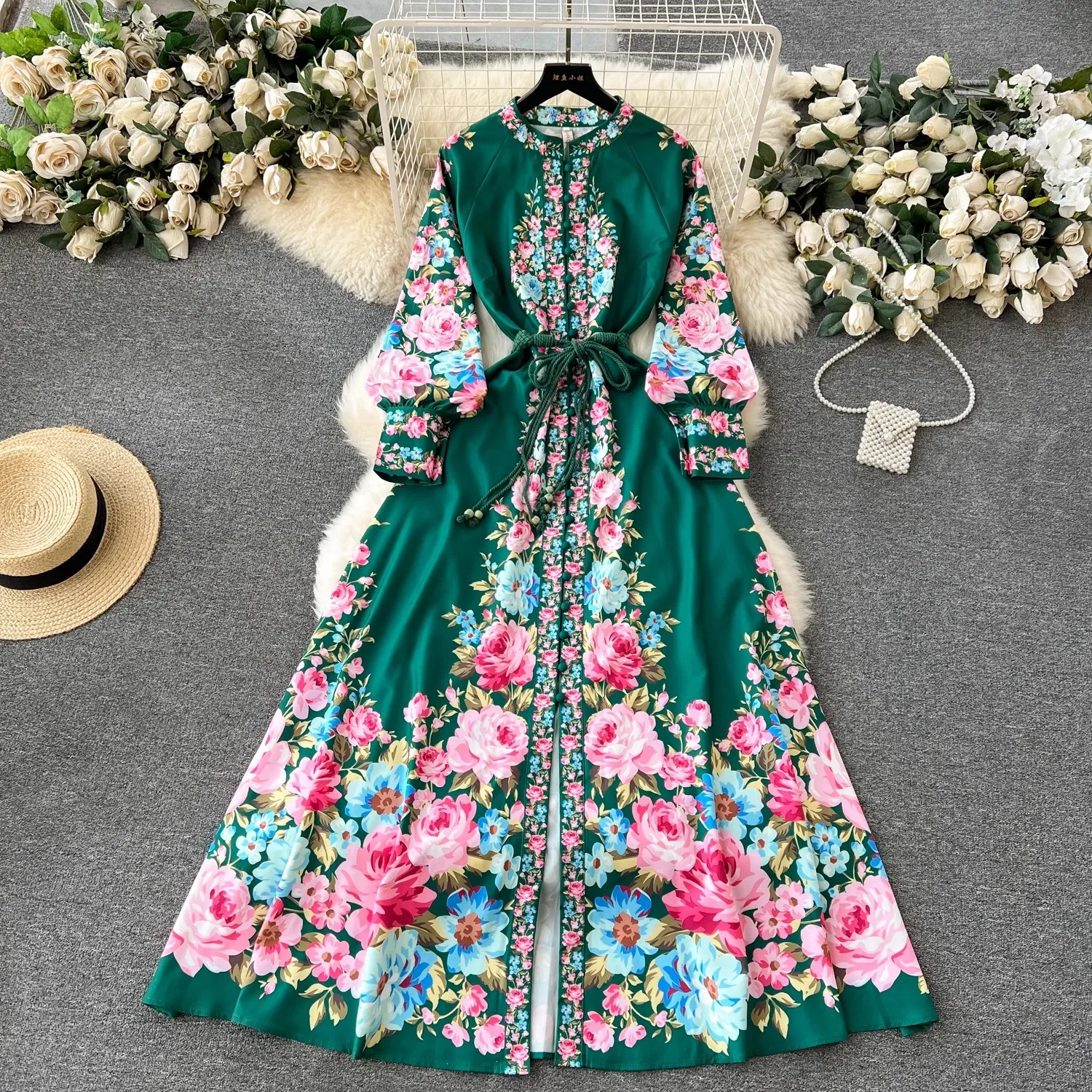 

Elegant Rose Flower Holiday Robe Dress Women Spring Summer Stand Long Lantern Sleeve Sashes Vestidos Floral Print Clothes 6232