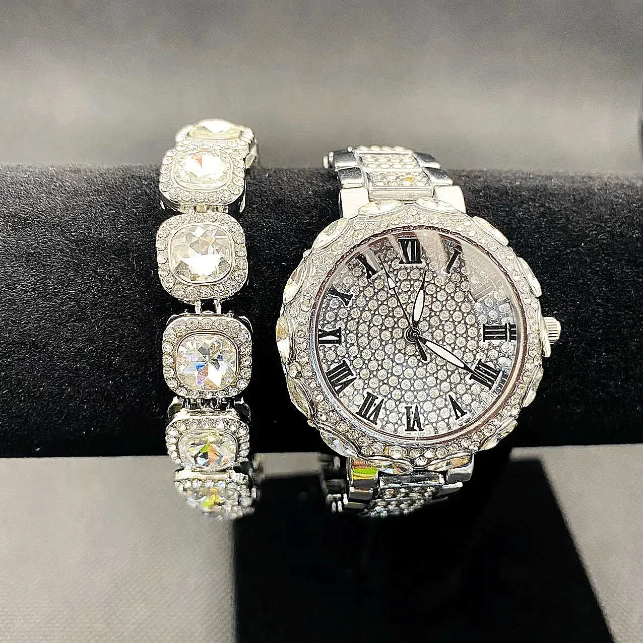 Reloj Diamound Iced Out para mujer, pulsera de cadena de tenis ostentosa, conjunto de joyería de Hip Hop, Reloj de lujo para hombre, regalos masculinos, Reloj