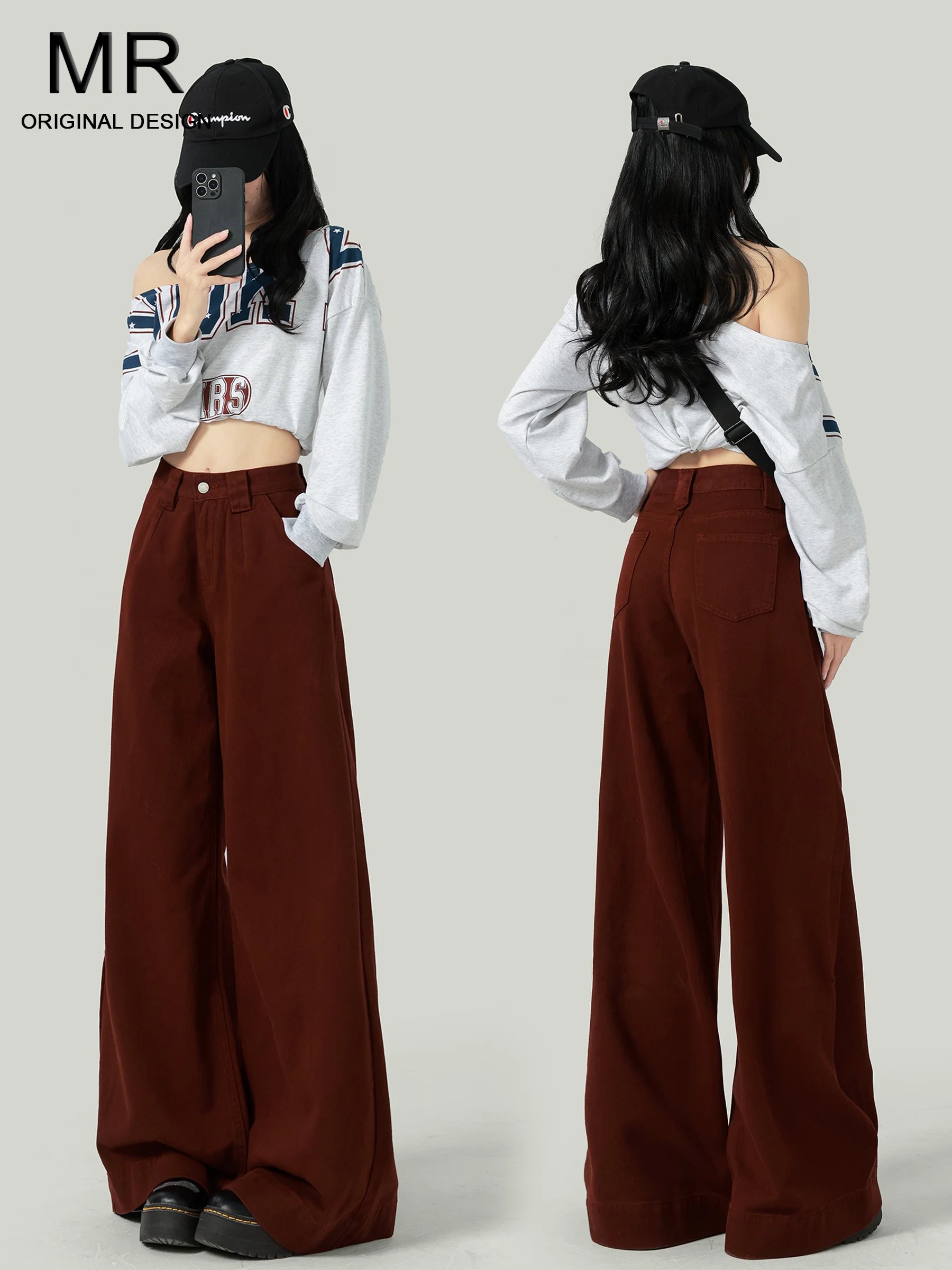

Ankela Red High Waist Wide Leg Denim Jeans Women's Loose Slimming American Vintage Floor Length Pants Autumn New Style