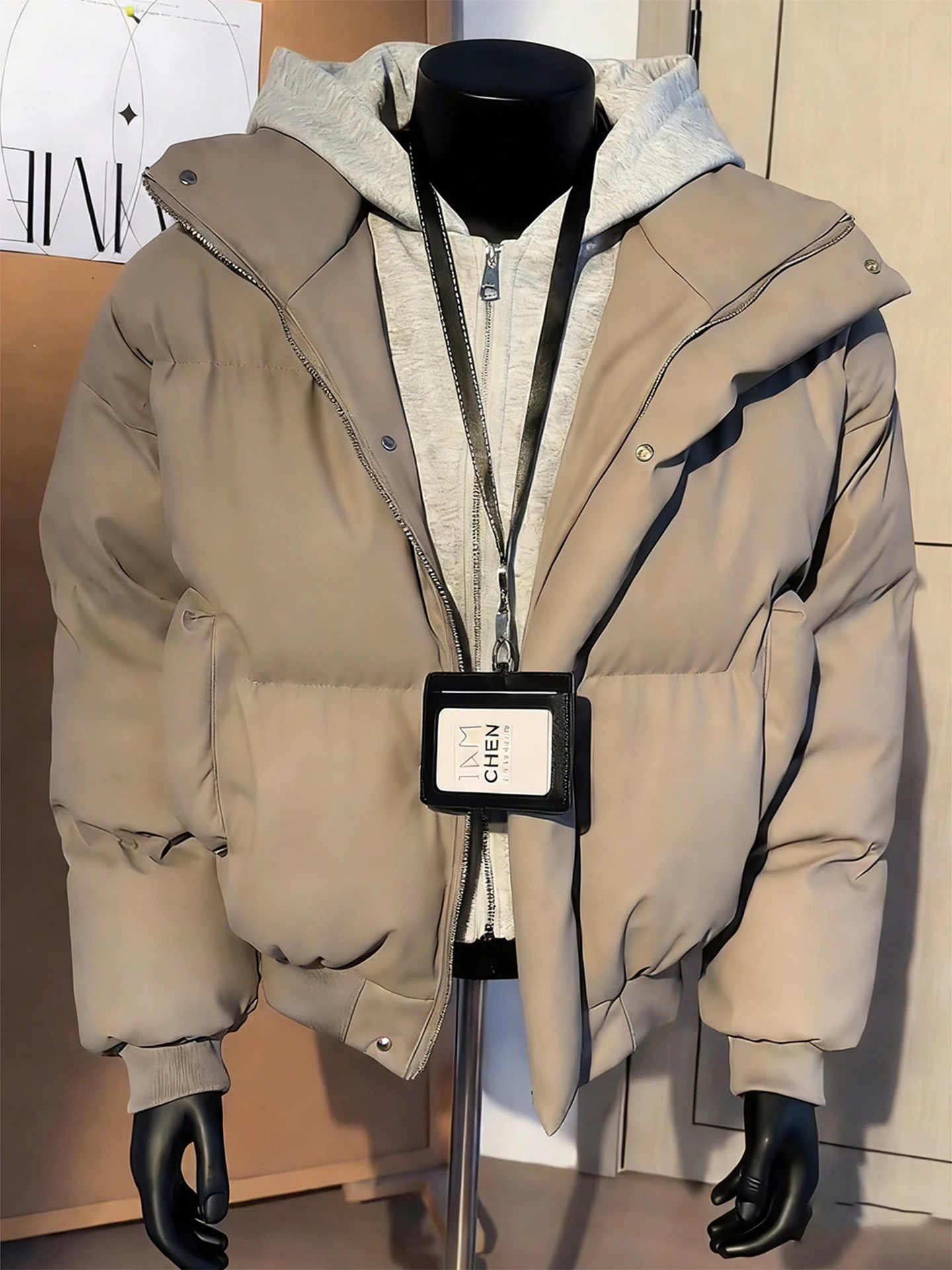 

Men's Thiened PU Leather Hoodie Jaet Winter Warm American Sle Splicing Cotton Coat Youth Faion Casual Long Sve Zip...