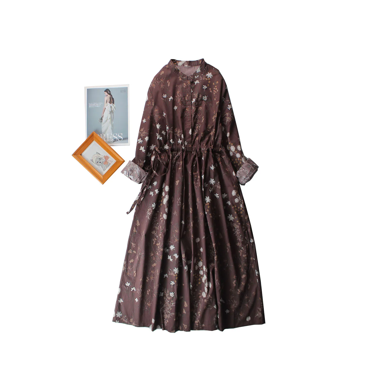 Elegant Floral Print Cotton Dress Slimming Waist Loose Fit Lightweight Stand Collar Maxi Skirt for Women Breathable Spring Dress