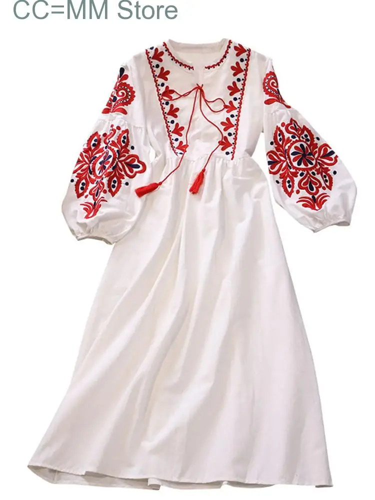 New Sweet Style Women Nice Foreve Dress Embroidery O-neck Bandage Long-sleeve White Dresses Womens Spring Summer