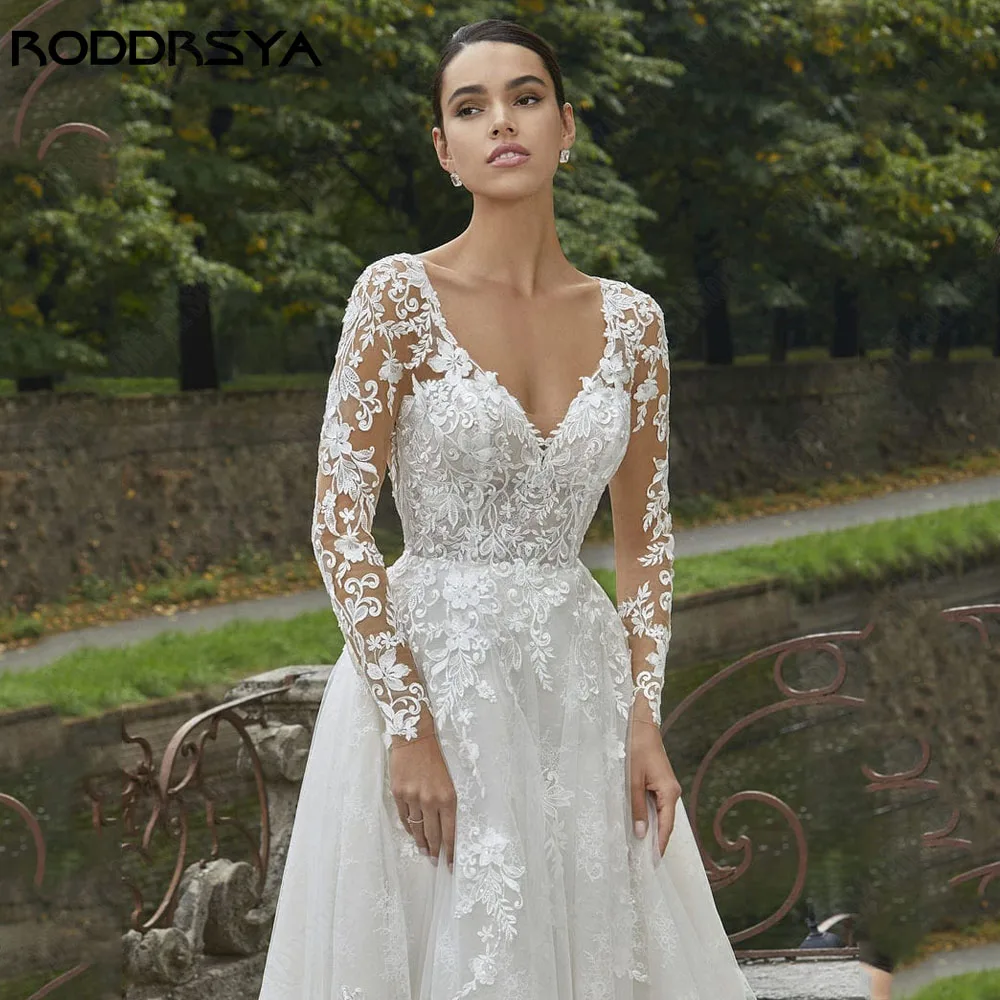 RODDRSYA Exquisite Lange mouw V-hals Kant Bruidsjurk Tule A-Lijn Illusie Knop Terug Kant Applique Kant VRODDRSYA exquise lange mouw V-hals kanten trouwjurk tule A-lijn illusie knoop terug Applique kant Vestido De Novia