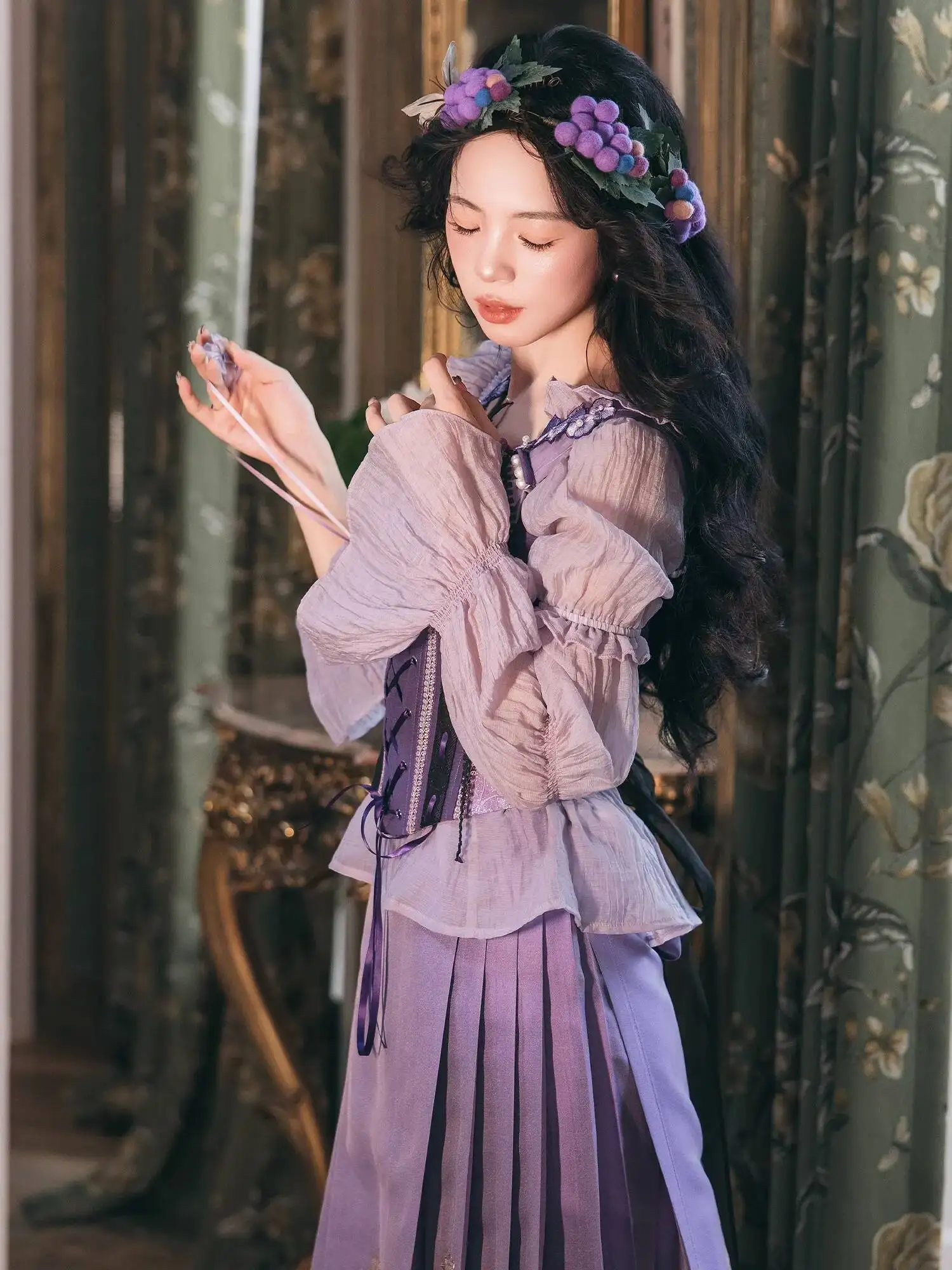 

New Chinese Style Weaving Gold Horse-face Skirt Pony Flower Weaving Brocade Fishbone Corset Purple Tops Corset Shirt