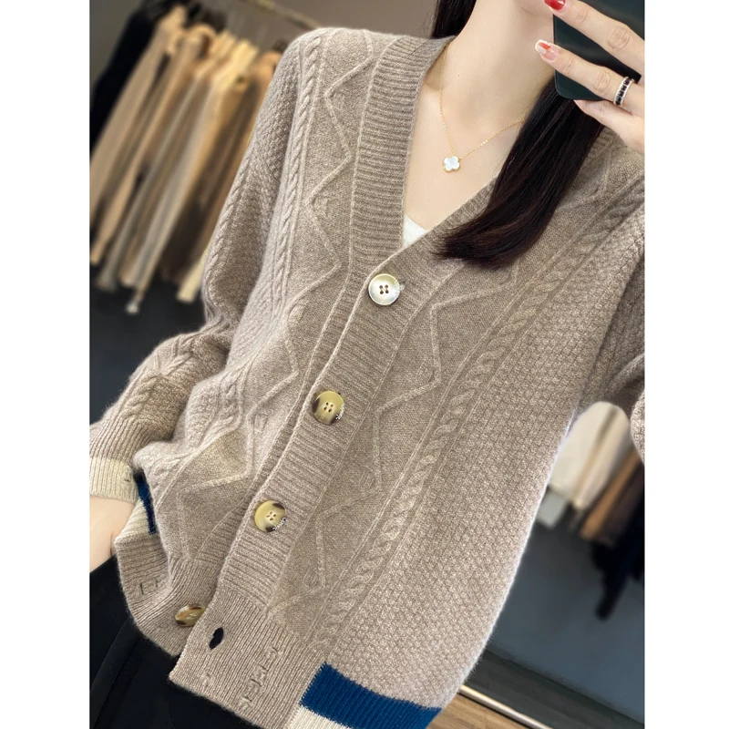 2024 herbst/Winter frauen Lose Dicke Strickjacke V-ausschnitt 100% Wolle Pullover Vielseitig Mantel Einfarbig Langarm Gestrickte Pullover
