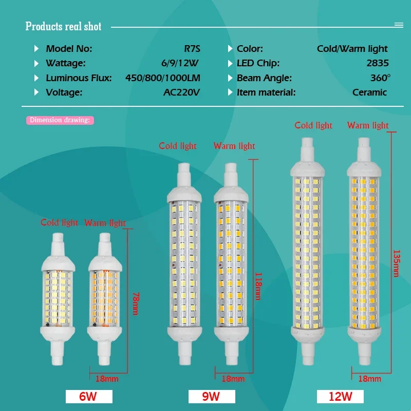 Imagem -02 - Lâmpada de Milho Led R7s 6w 9w 12w Smd 2835 78 mm 118 mm 135 mm ac 220v Energy Saving Tubo de Cerâmica Substitua a Luz do Halogênio