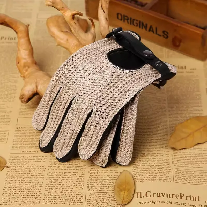 Knitted Deerskin Gloves Male Retro Breathable Weave Spring Autumn Anti-Slip Equestrianism Men Real Leather Gloves LSH02