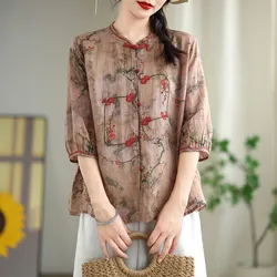 Chinese Style Casual Shirt Women New Arrival 2024 Summer Vintage Floral Embroidery Loose Female Half Sleeve Tops Shirts W1823