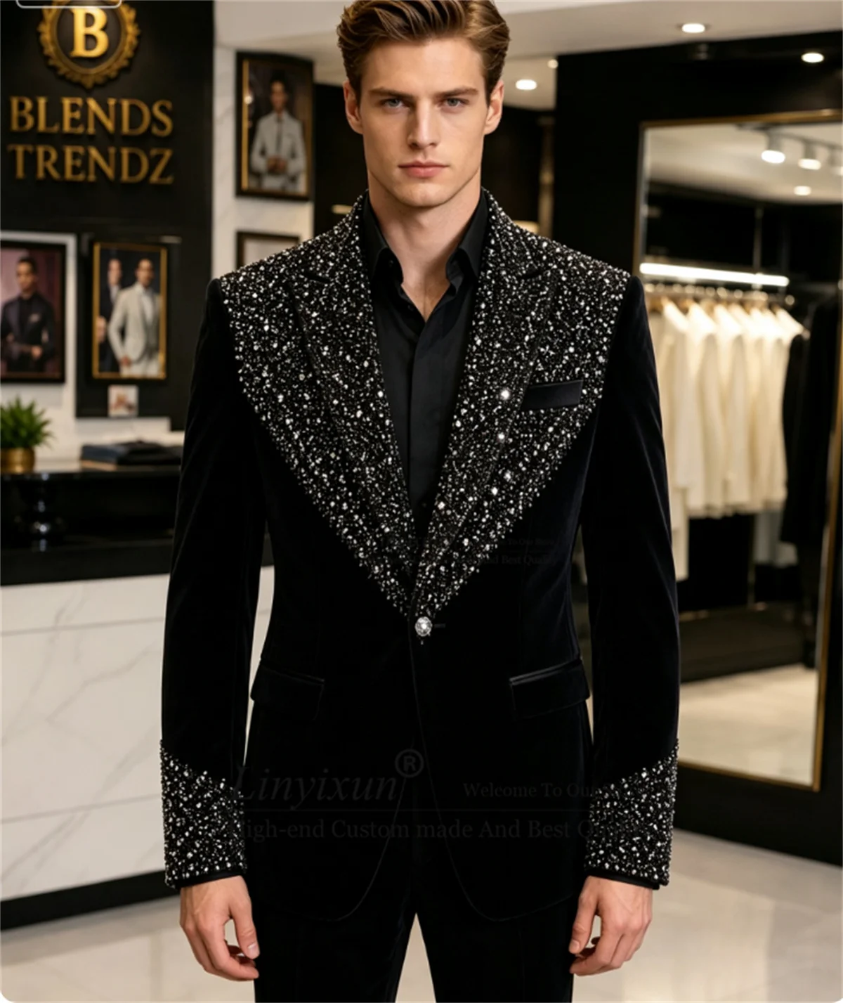 High End Ornament Crystals Tuxedos Men Suits 2 Pieces Sets Groom Male Blazers Customized Peaked Lapel Wedding Party ropa hombre