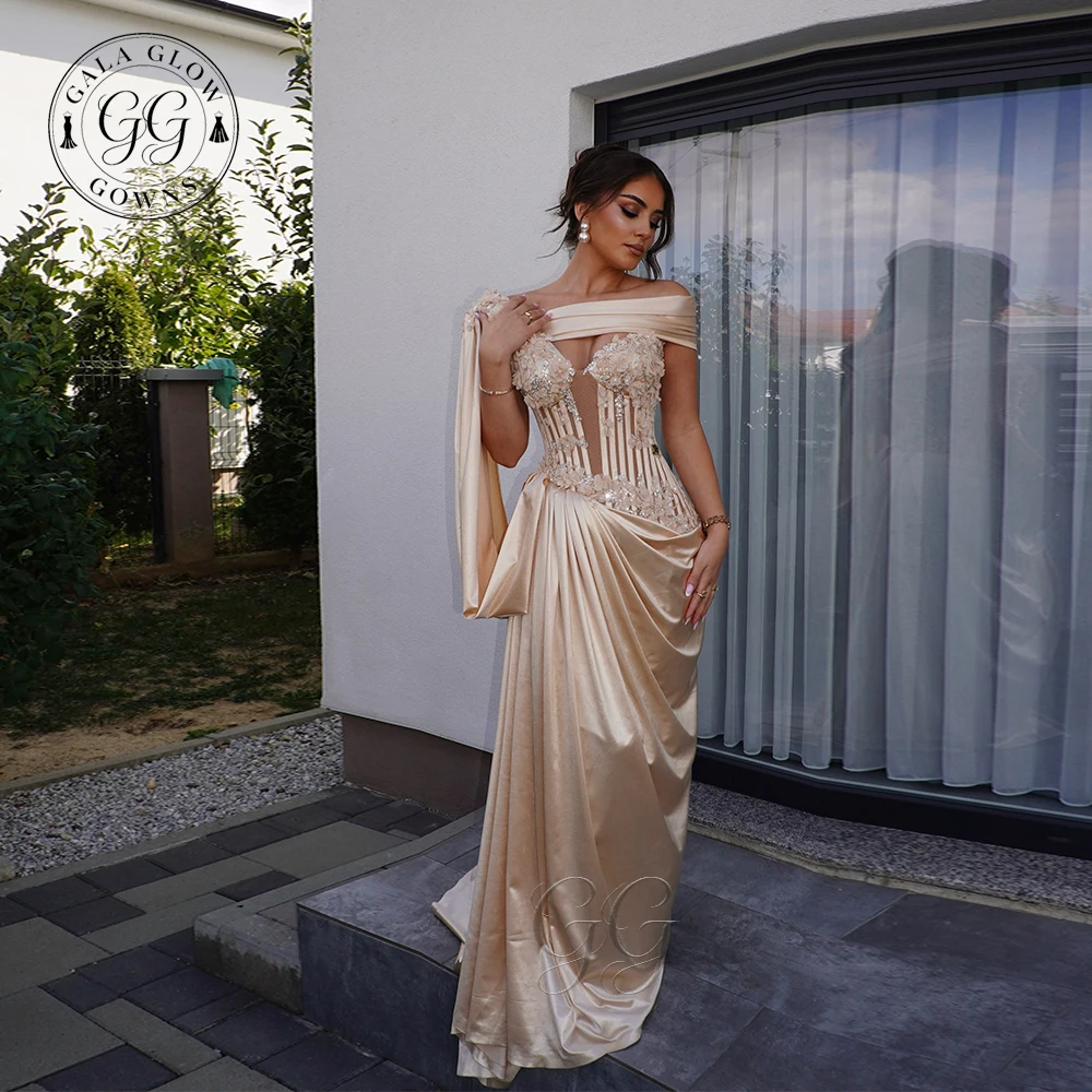 GalaG Champagne Lace Off the Shoulder Formal Evening Dresses Chest Beads Rhinestones Ruched Floor Length Prom Party Gown Custom