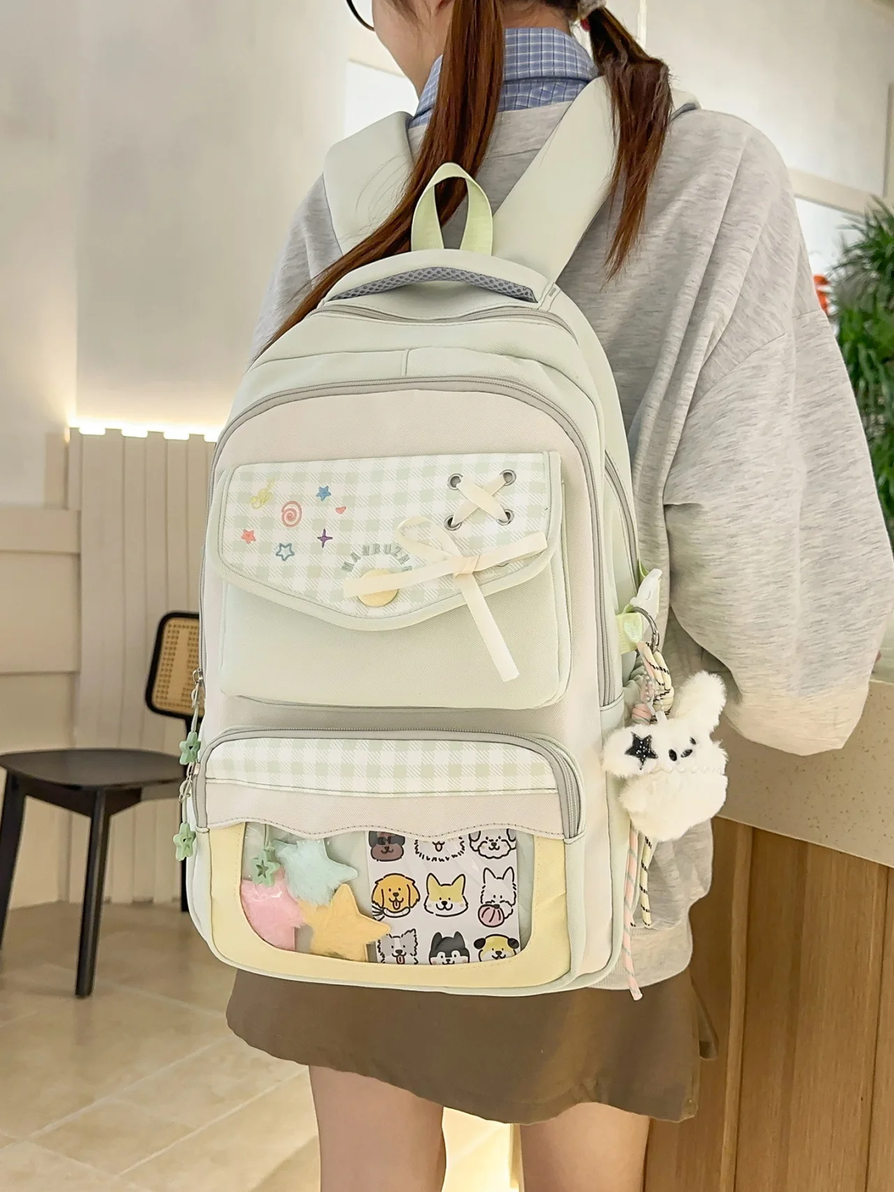 Soft Cream Color Plaid Splicing Backpack Clear Front Pocket Cartoon Inner Pocket Design Pressure Relief Straps Campus  Backpack