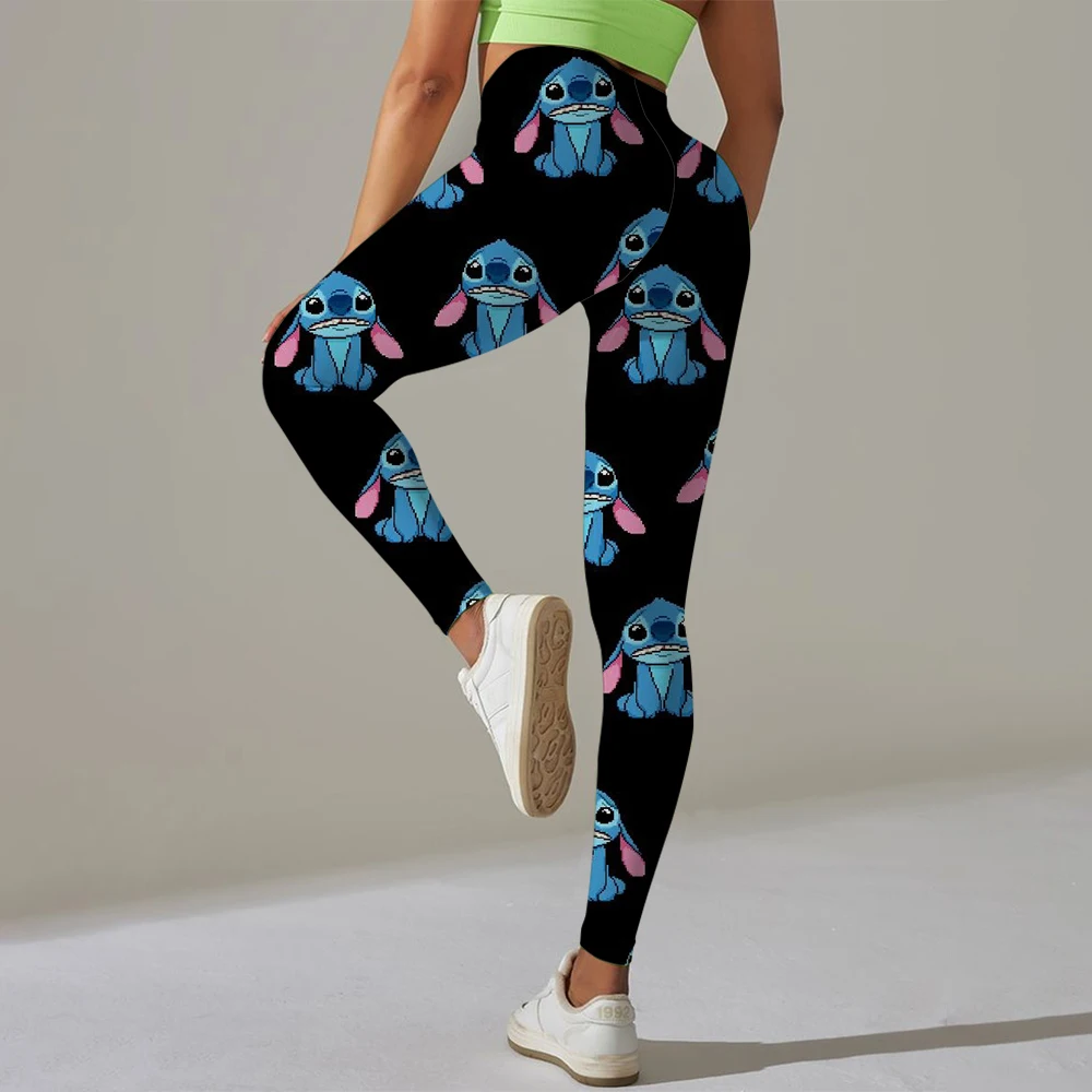 Disney Stitch พิมพ์นุ่มผู้หญิงกางเกงกีฬาแน่นเนยเอวสูงโยคะ Legging กีฬายิมการฝึกอบรมที่ครอบคลุม Jog Back Wais