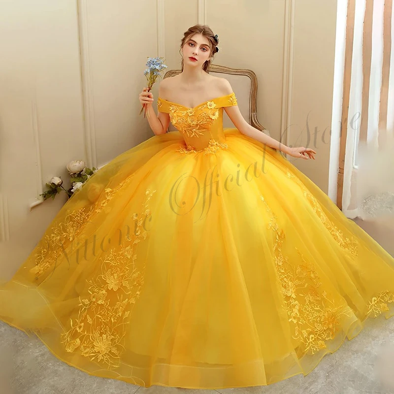 Gold Quinceanera Dress Lace Appliques Off the Shoulder Floor-Length Elegant Ball Gown Pornos De 15 Años Prom Party Vestidos 2023