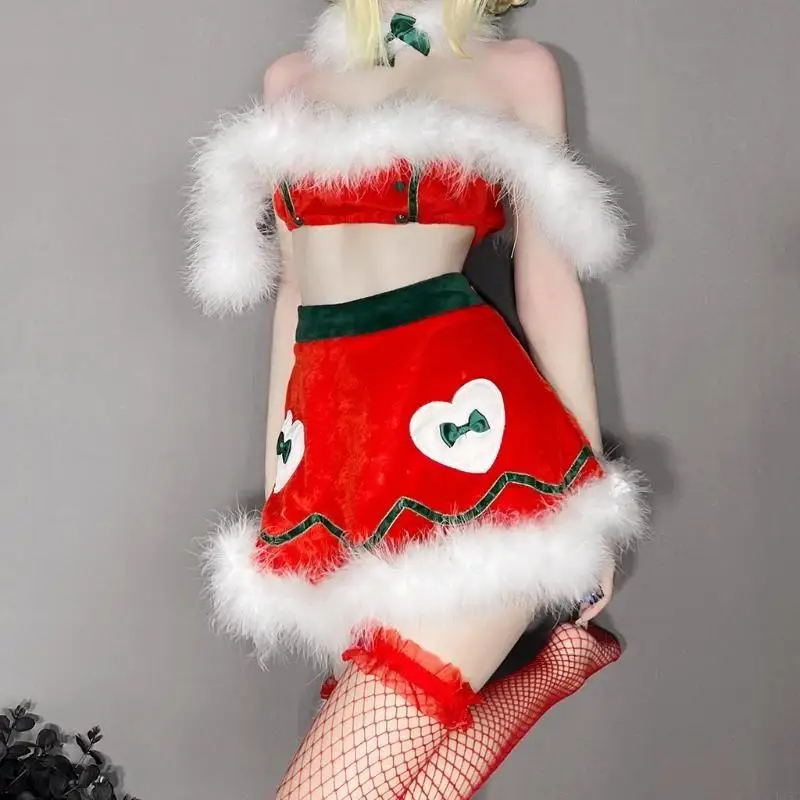 XMAS Lingerie Ladies Sexy Backless Bra Anime Cosplay Plush Mini Top Set