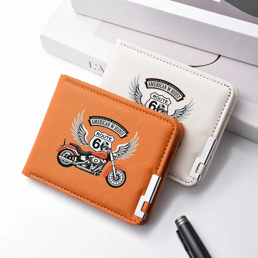 Men's Double-Fold PU Leather Wallet Route 66 Motorcycle Wing Print Cash Pocket Short Wallet