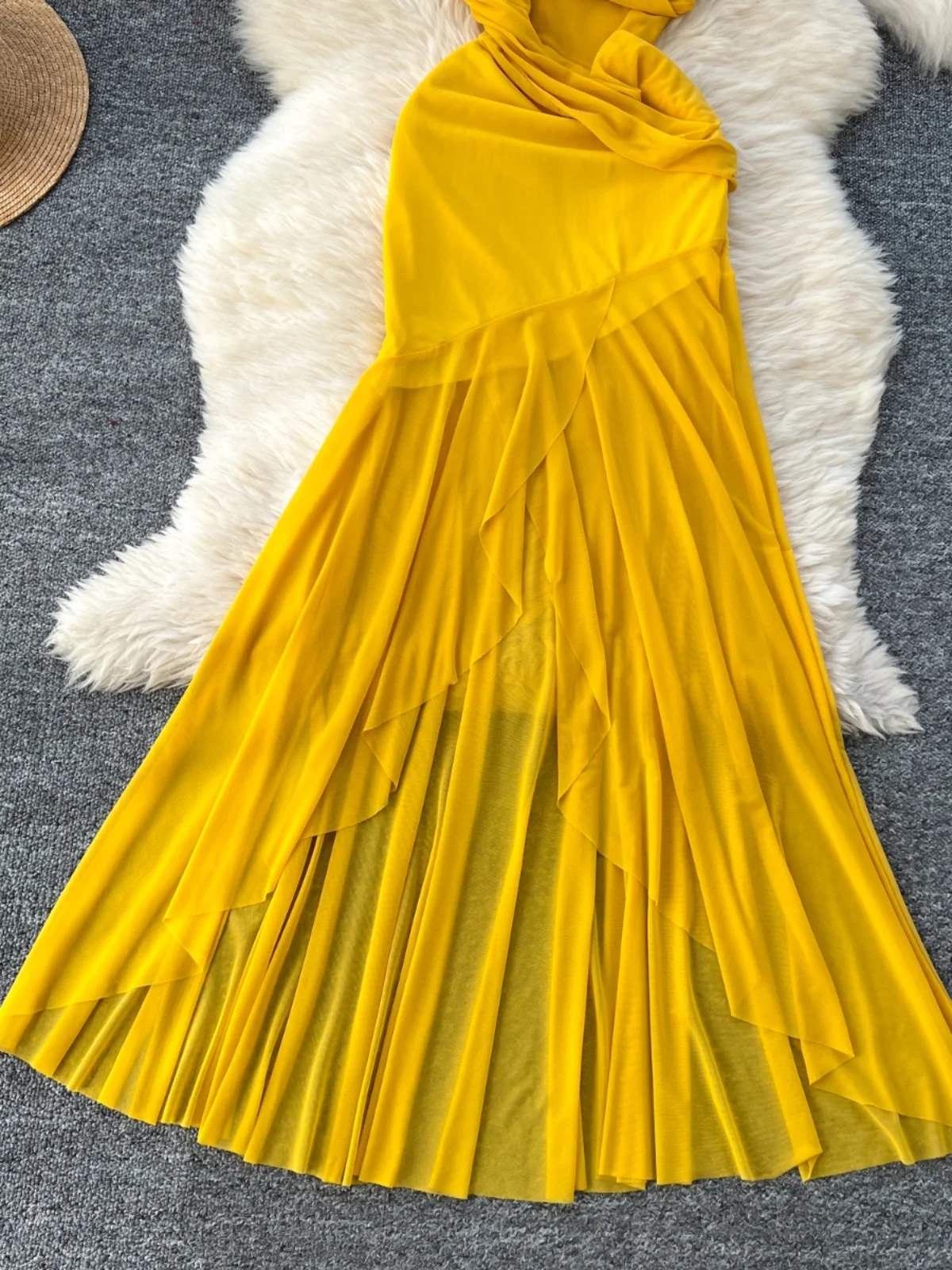 Yellow Slim Fit Holiday Sle Dr Asymmetrical Hemline Strapl Gown Korean Sle Spring Collection Mid-Length A-Line Skirt