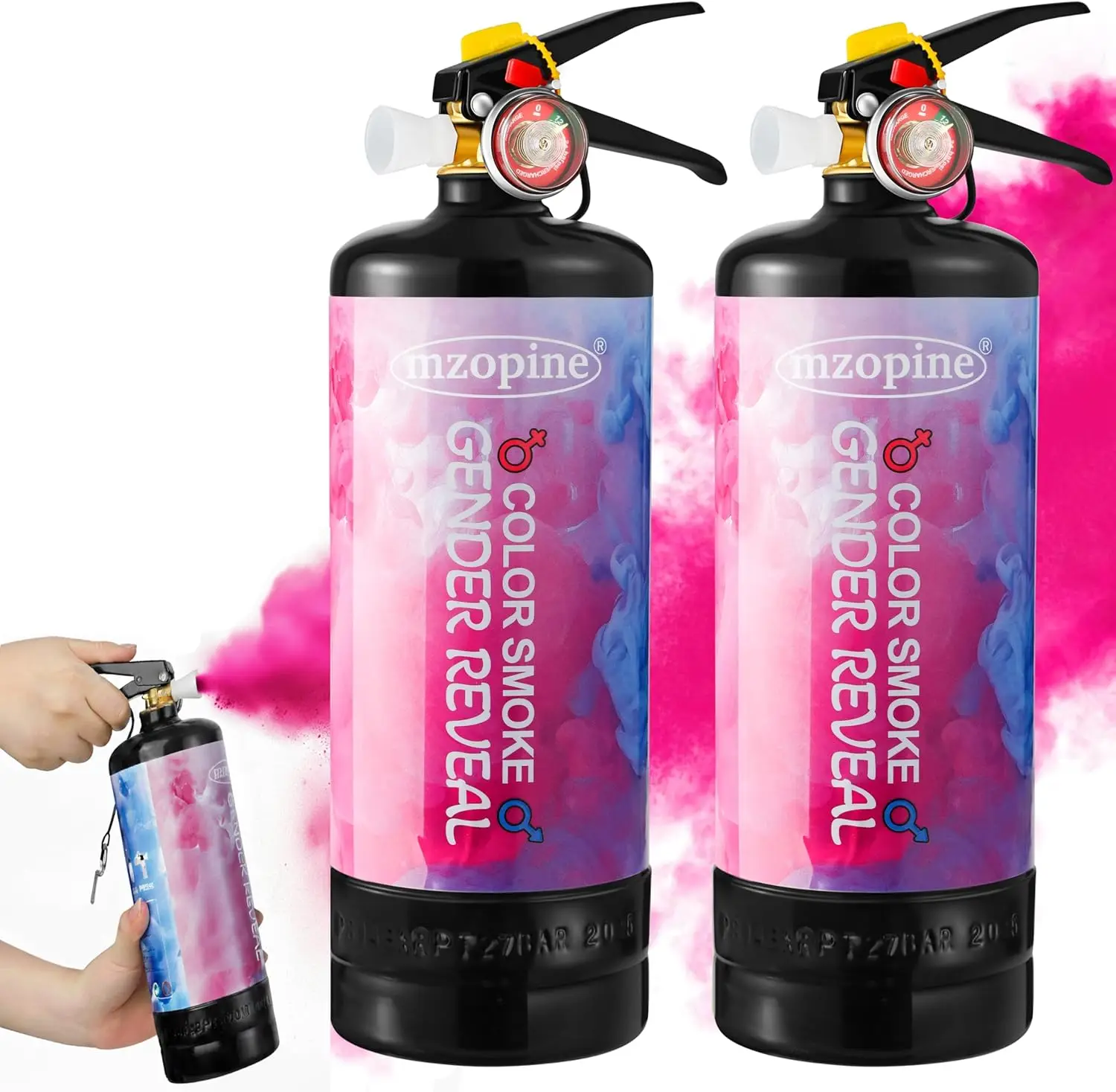 

2-Pack Giant Gender Reveal Fire Extinguisher, 20+ Feet Pink Smoke Blast, Non-Toxic Cornstarch for Outdoor Baby Party
