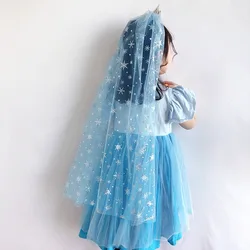 Korea Style Girl Hairbands Blue Long Veil Snowflake Princess Crown Birthday Cute Headbands for Children Fashion Hair Accessories