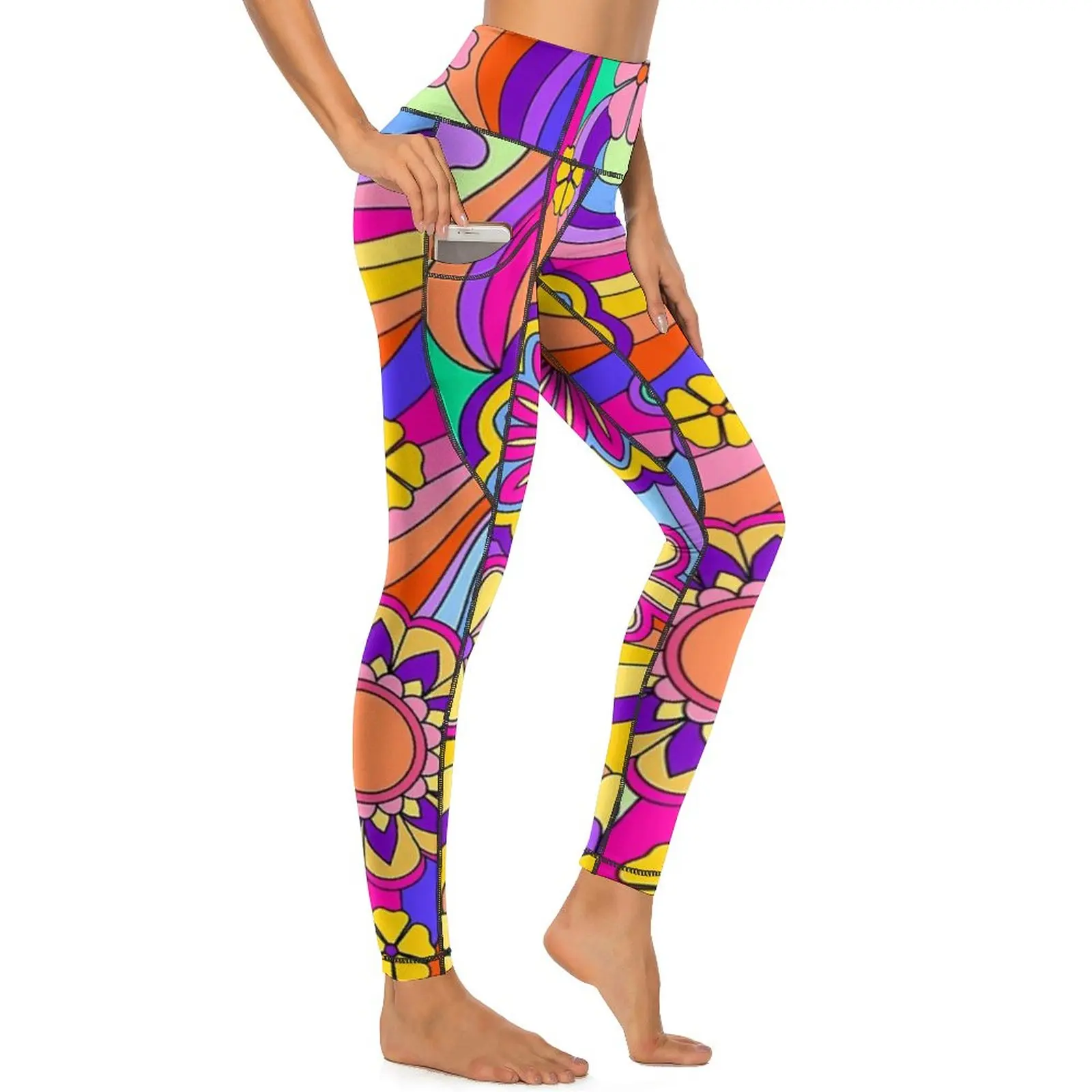 Pantalon de yoga inspiré de Flower Power avec poches, leggings rétro Hippy Groovy, collants de sport taille haute sexy, leggings de fitness élastiques