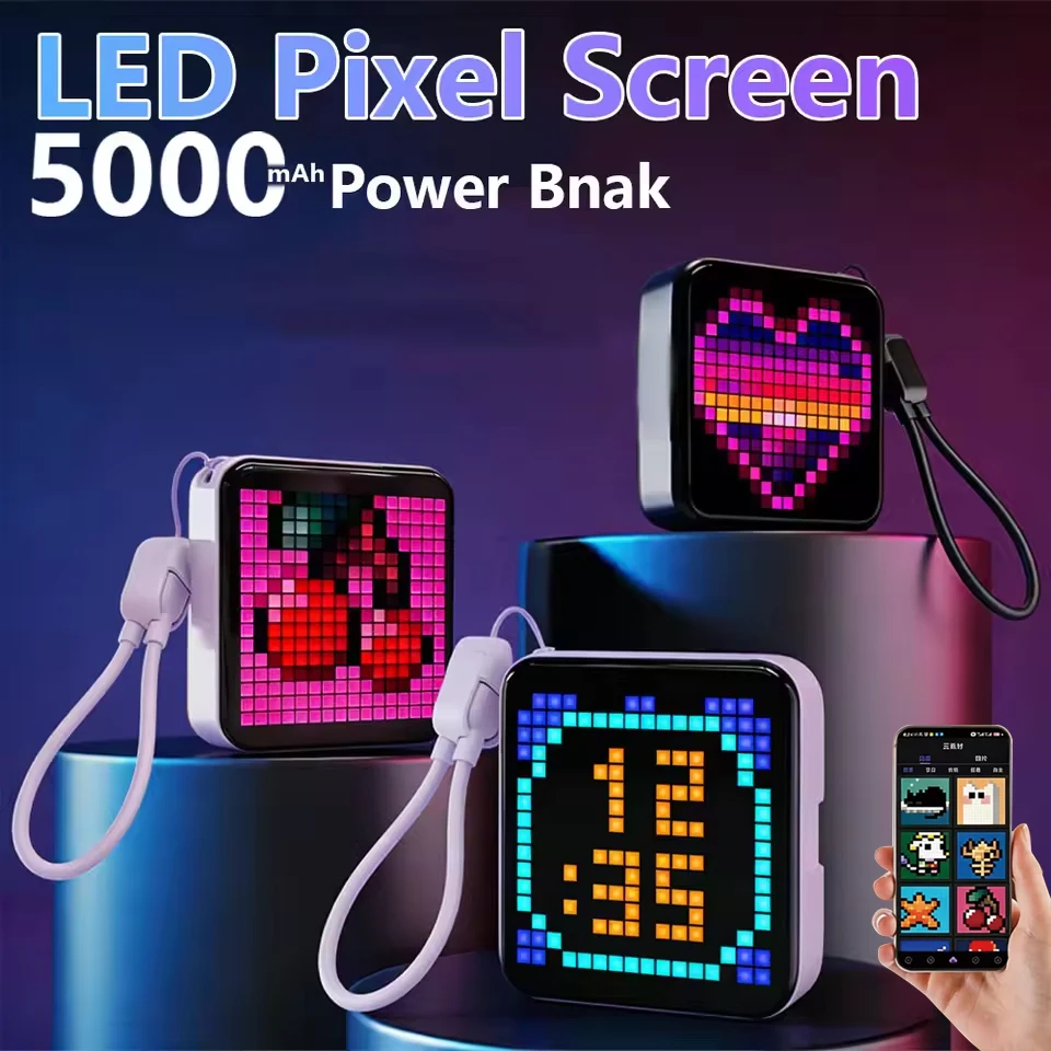 

Портативный светодиодный пиксельный дисплей 16x16 пикселей с функцией Power Bank 5000 мАч, ночник, управление через приложение, кабель Type-C для творческих подарков