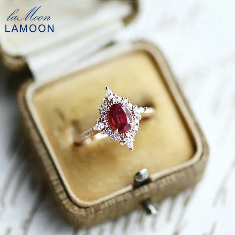 LAMOON Vintage kamień pierścień naturalny granat pierścionki dla kobiet 925 srebro K pozłacane kryształ ślub zaręczyny RI182
