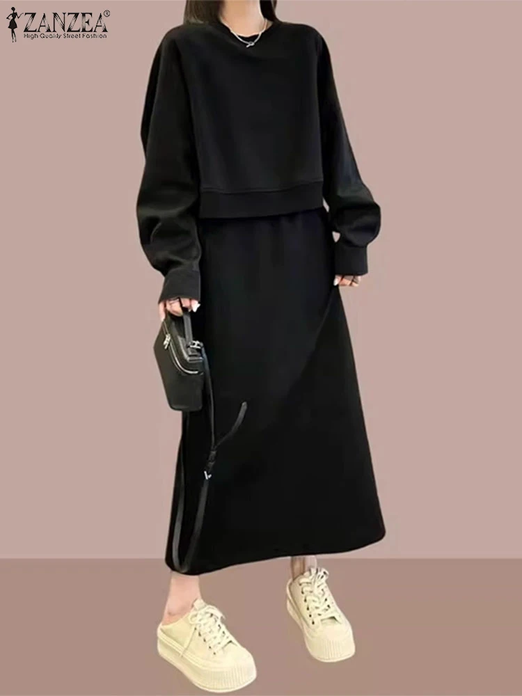 잔제아 여성 패션 드레스 세트 가을 캐주얼 투피스 세트 긴팔 상의와 하이웨이스트 롱 스커트 세트 솔리드 루즈 트랙슈트