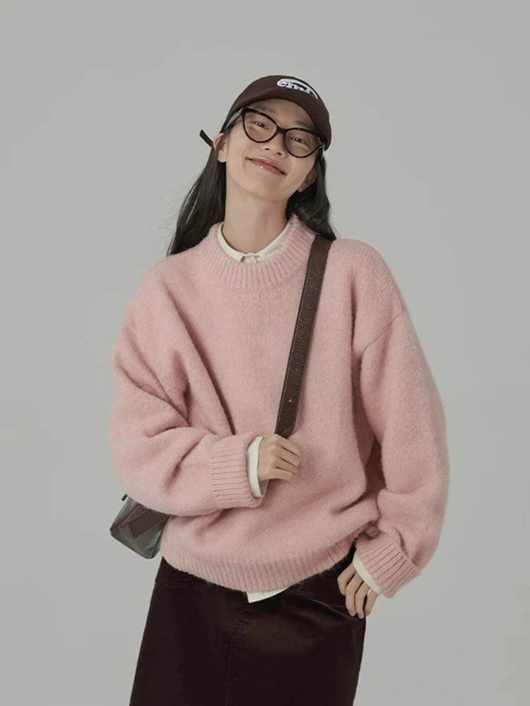 

Jmprs Preppy Style Pink Sweaters Women Sweet Loose Faux Wool Knitted Jumpers Tops Casual Long Sleeve Retro Lady Elegant Pullover