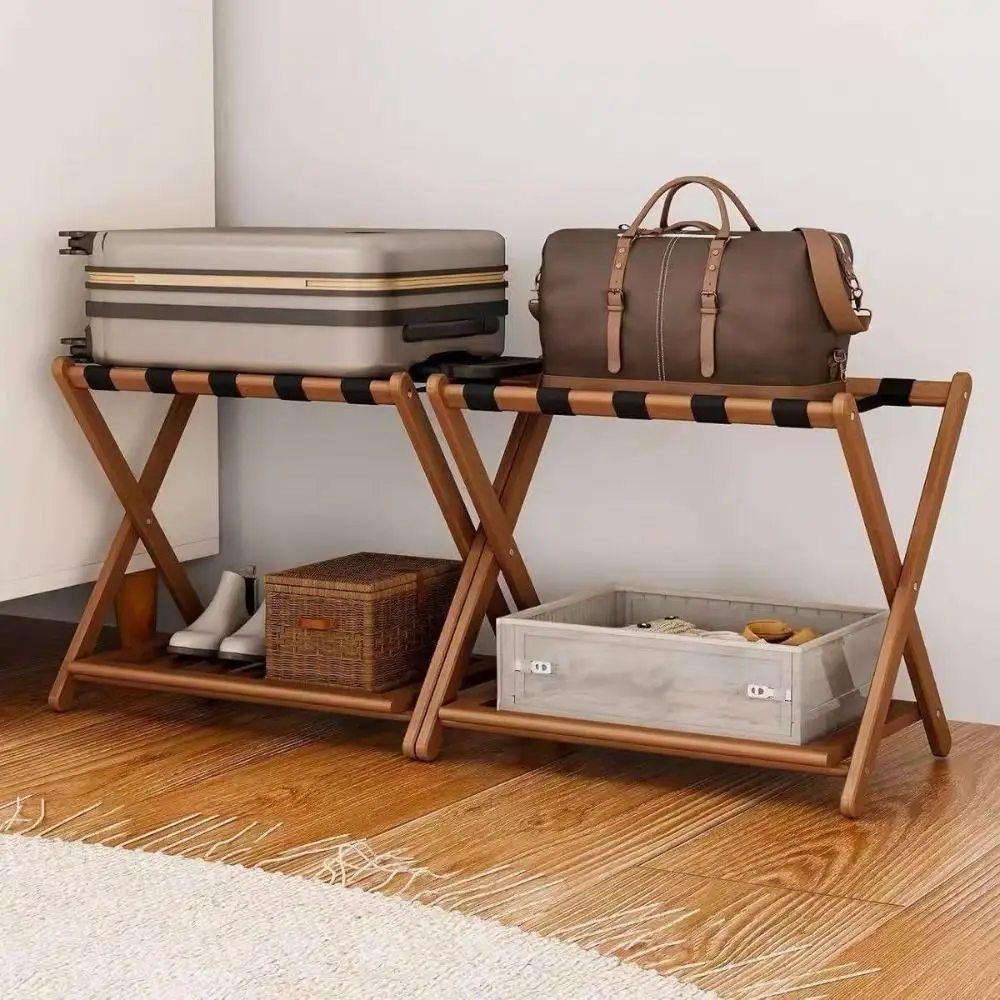 Practical Layout Bamboo Luggage Storage Rack 2-Tier Foldable Shoe Rack Space Saving Portable Foldable Storage Rack Home