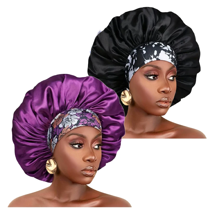 Damen Haube aus seidigem Satin für dickes Haar, Schlafhaube mit elastischem Band, afrikanische Kopfbedeckung, Blumen-Turban, Chemio-Kappen – Detail 19