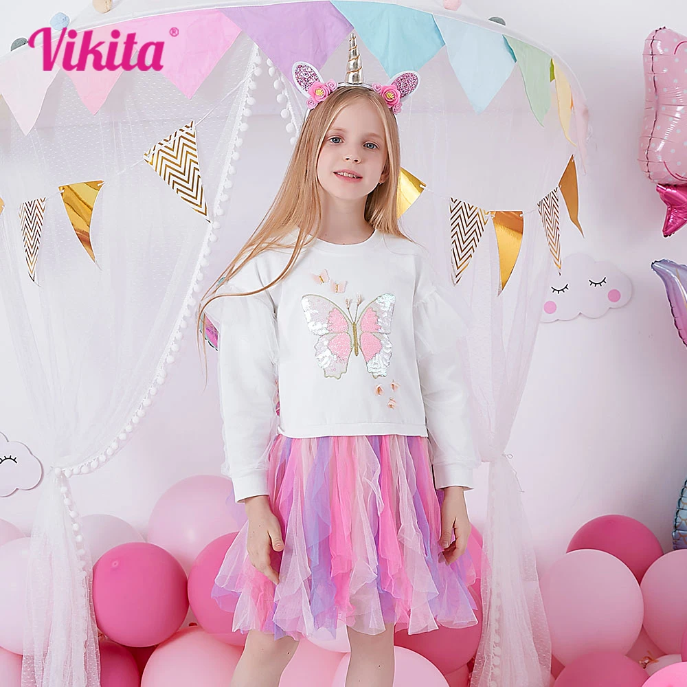 VIKITA Kids Dresses For Girls Thick Cotton Toddlers Winter Dress Sequin Butterfly Flying Sleeve Children Princess Dress Clothing