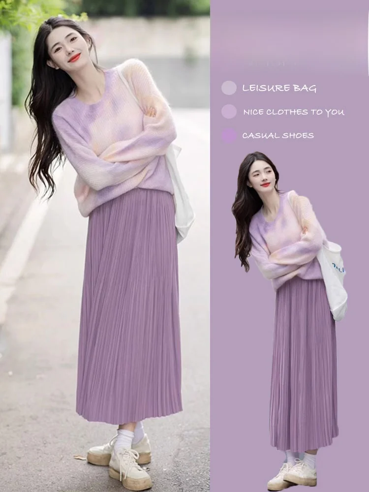 

Laid-back Dyed Sweater And Half-length Pleated Skirt Set plus Size Women's Fashion Korean Style High-waist Autumn Outfit