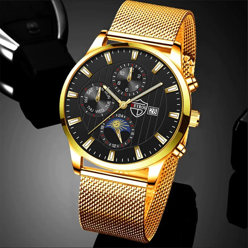 

Fashion Mens Watches Luxury Stainless Steel Mesh Belt Quartz Wrist Watch Luminous Clock Men Business Casual Leather Strap Watch