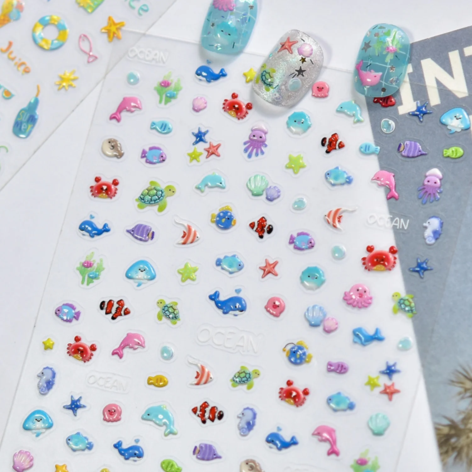 Ocean Animal 5D Nail Stickers Dolphin Octopus Little Crab Sea Turtle Tropical Fish Shell Summer Seaside Style Manicure Nail Art