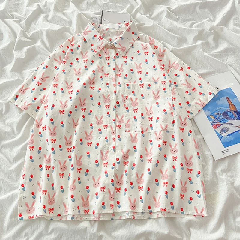 EBAIHUI-Camisa francesa de coelho doce estampada para mulheres, solta e fofa, blusa feminina de manga curta, cardigã exclusivo com protetor solar, verão