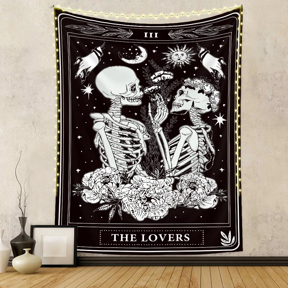 Psychedelic Divination Skull Wedding Tapestry Tarot Card Sun Star Moon Bohemian Witch Skeleton Rose Flower Hanging Wall Cloth