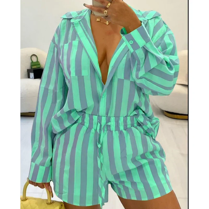 Two-Piece Suit Long Sleeve Tshirt Tops Fashion Shirt Top Women Summer Casual Short Pants Loose Printed Streetwear Shorts